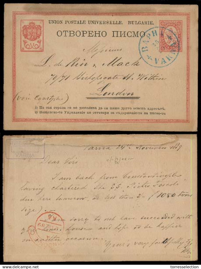 BULGARIA. 1889. Varna - UK. 10p Stat Card Used. Red London Cds. Early Blue Bilingual Cds. Via Constantinople. Scarce And - Altri & Non Classificati