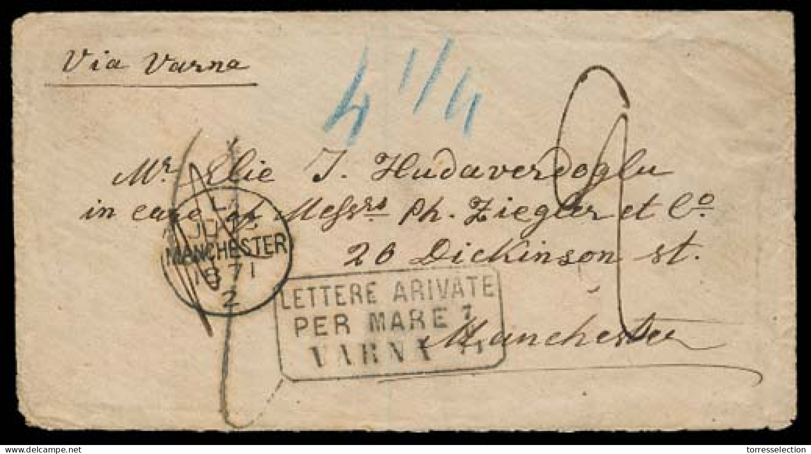 BULGARIA. 1871. Austrian Post. Varna - UK. Unfkd Env Boxed "Lettere Arrivate / Per Mare / VARNA" (xxx). VF Condition Cac - Altri & Non Classificati