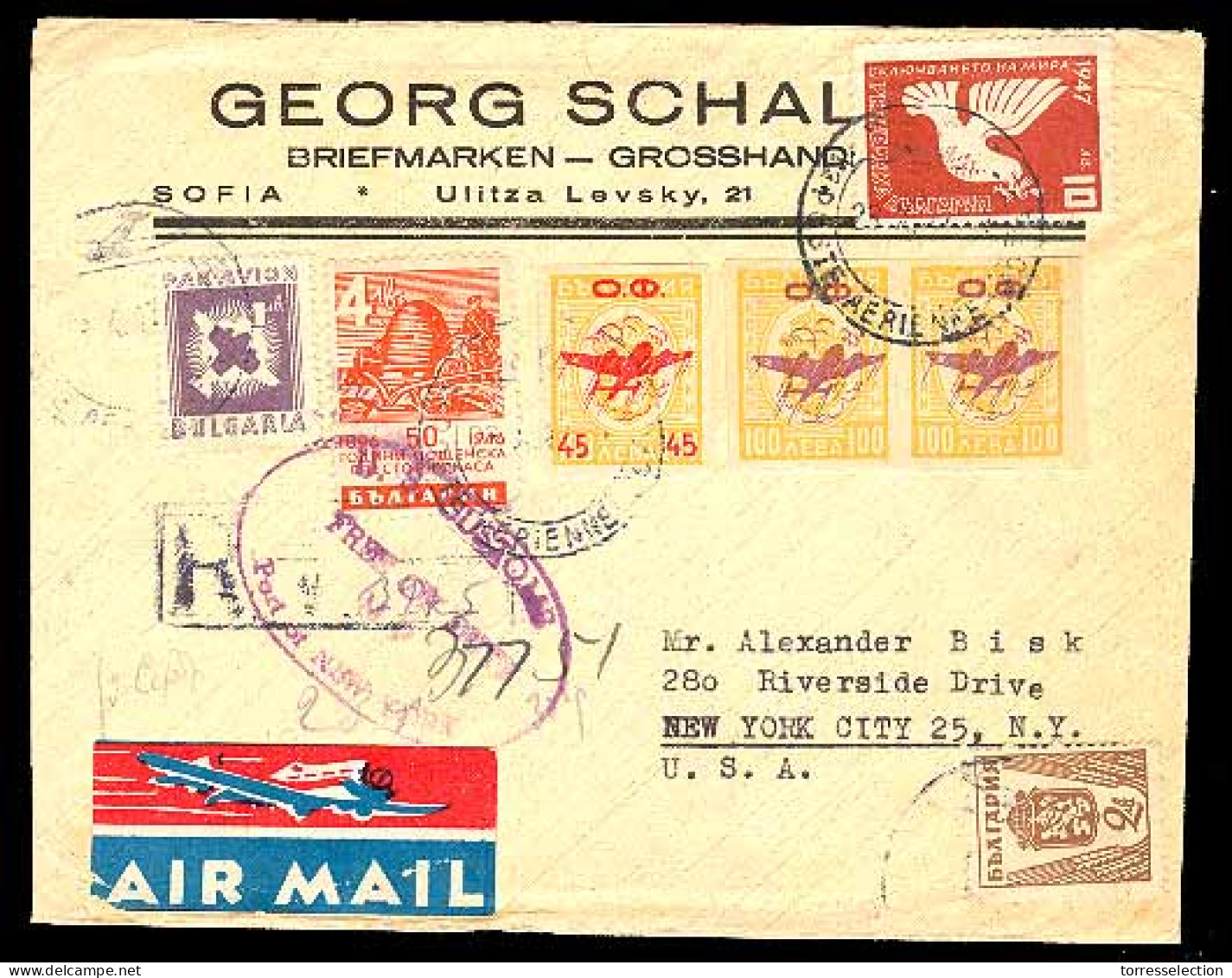 BULGARIA. 1947. Sofia - USA. Registr Airmail Multifkd Env. Pigeon Peace Stamp. Special Label. VF. - Altri & Non Classificati