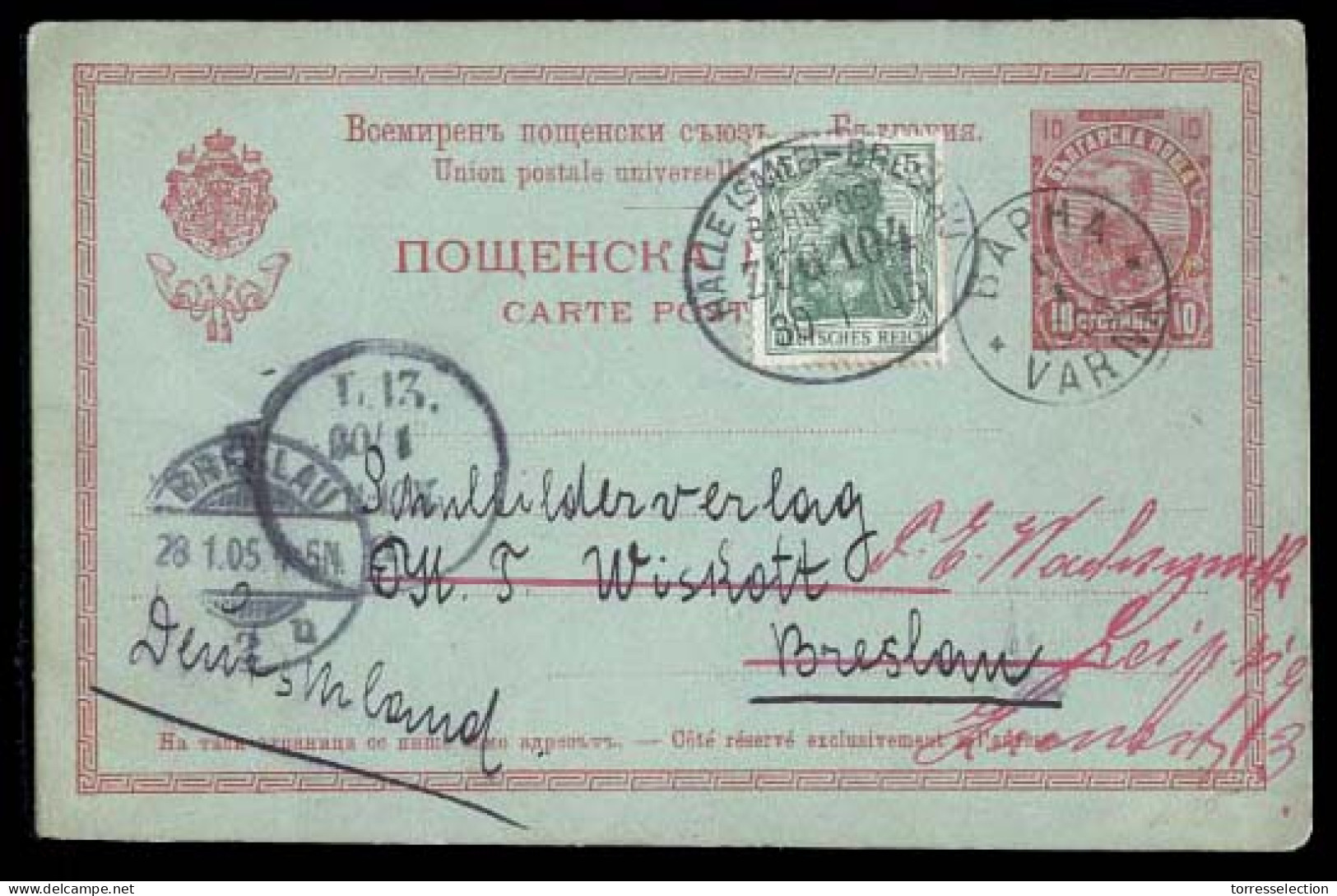 BULGARIA. 1905 (11 Jan). BULGARY - GERMANY - DUAL MAIL. Varna To Breslan / Germany (28 Jan.). Readdressed To Leipzig (30 - Altri & Non Classificati