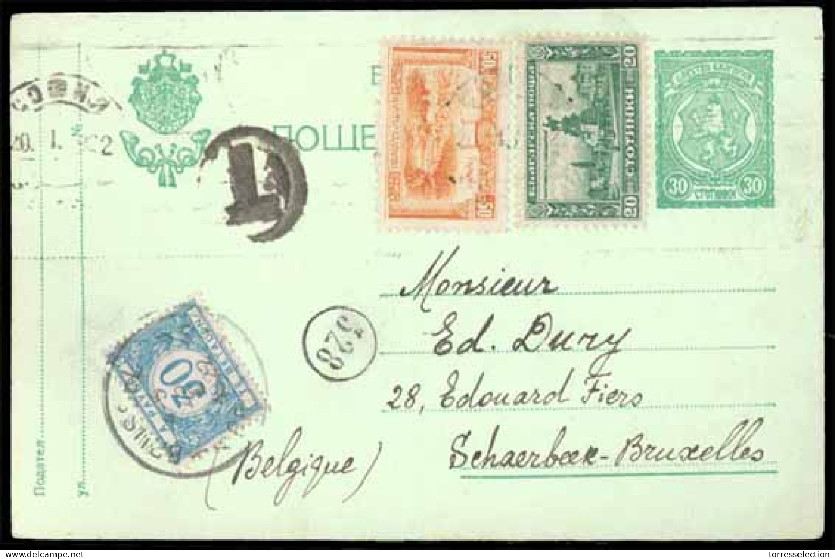 BULGARIA. 1922 (Jan 19). 30st Green Stationery Card Used To Belgium With Additional 20st And 50st From Sofia. On Arrival - Altri & Non Classificati