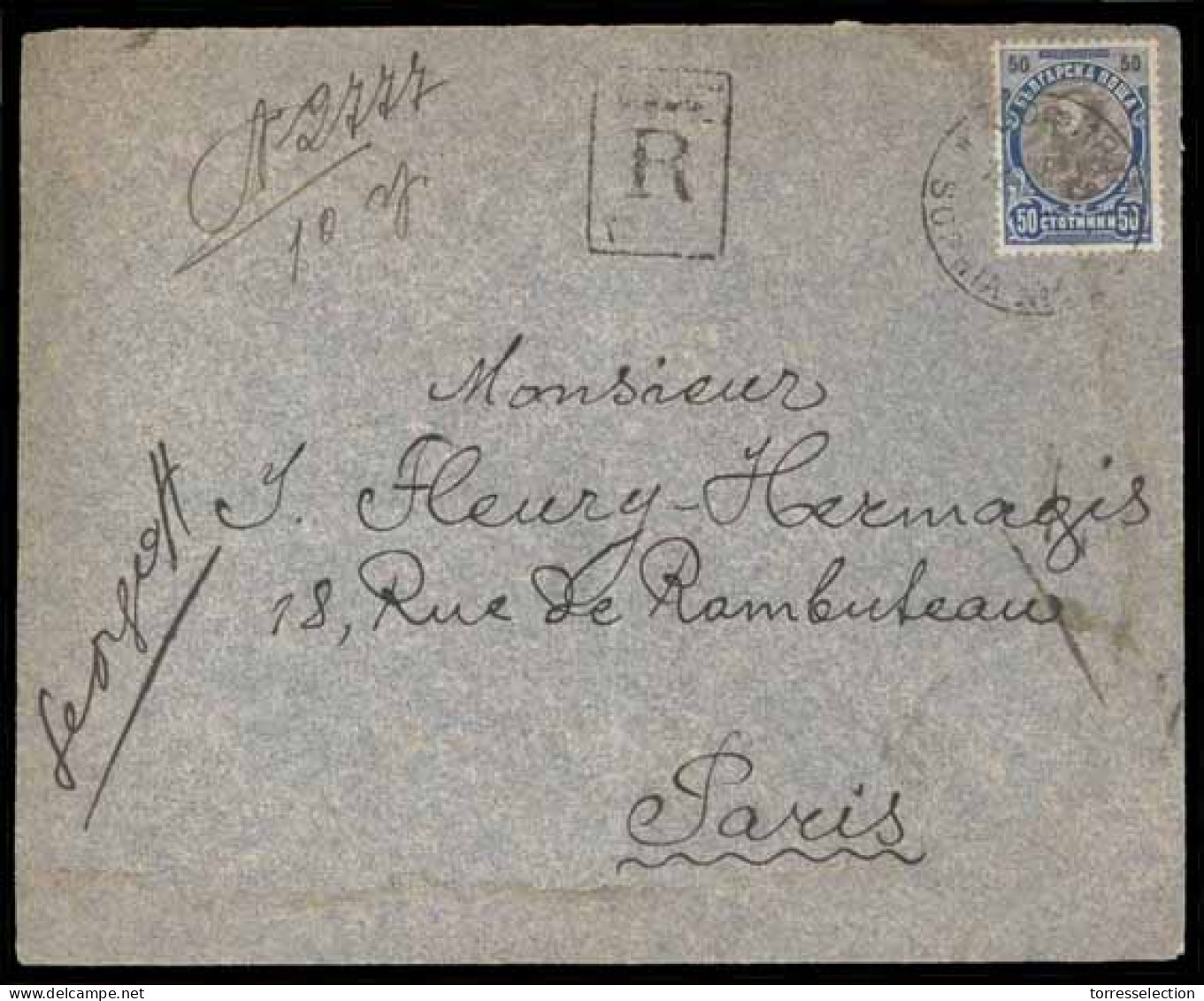 BULGARIA. 1908. Registered Cover To Paris Franked By 1901 50st Blue & Brown Tied By Sophia Cds With Registration Cachet  - Altri & Non Classificati