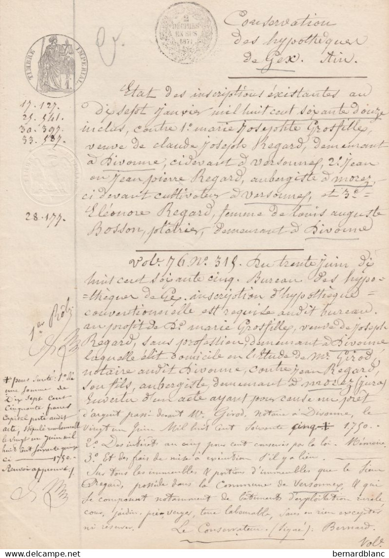 VP 1 FEUILLE - 1872 - GEX - DIVONNE - MOREZ - VERSONEX - Manuscripts