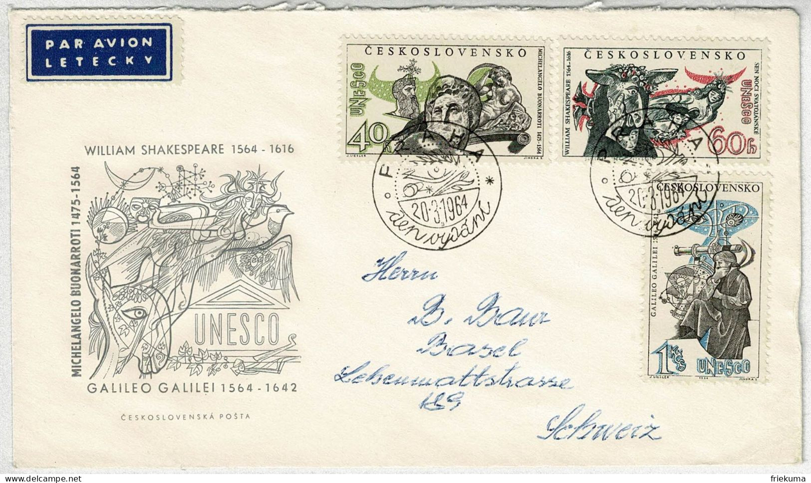 Tschechoslowakei / Ceskoslovensko 1964, Brief Praha - Basel (Schweiz), Unesco - UNESCO