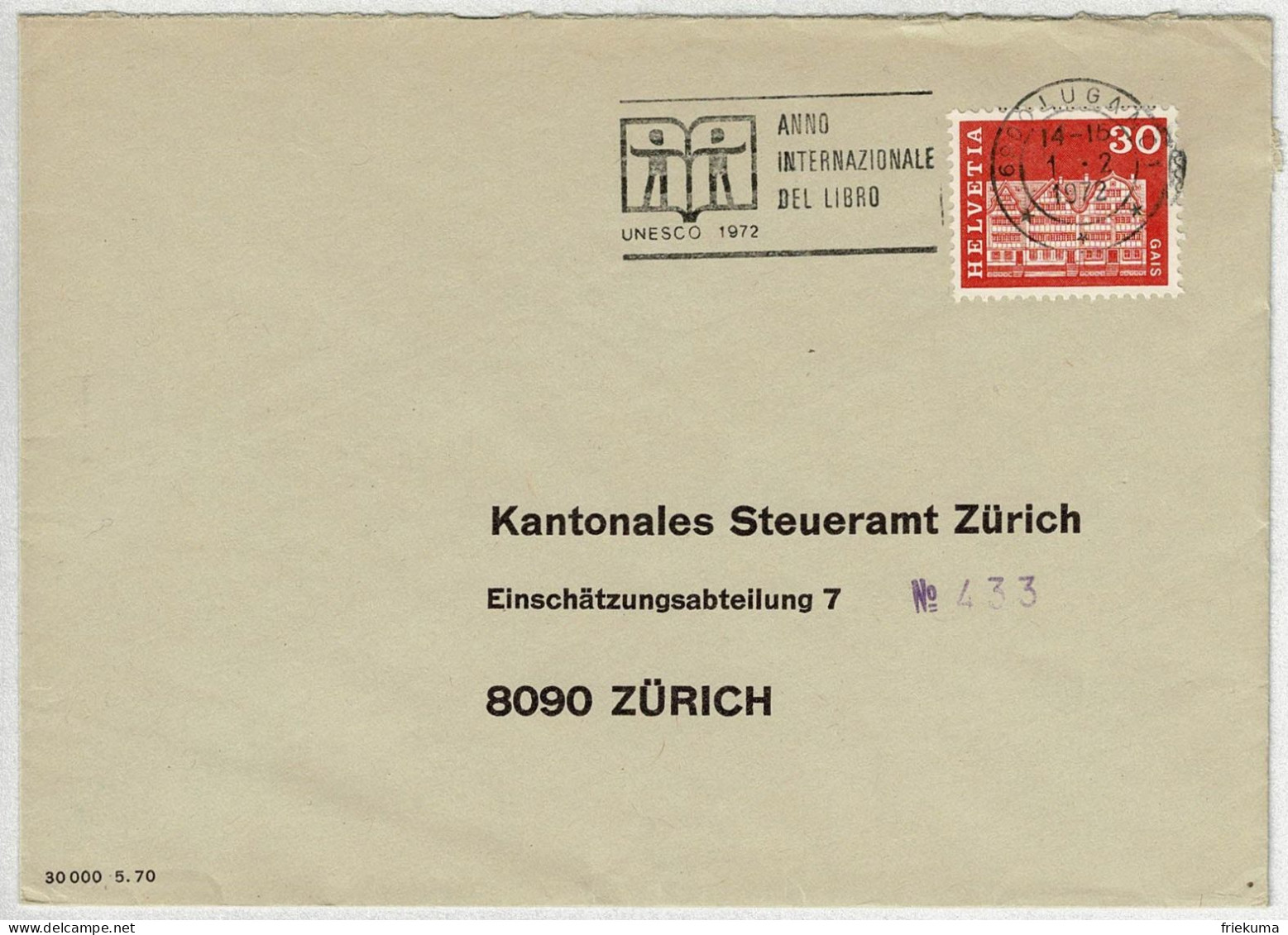 Schweiz / Helvetia 1972, Brief Lugano - Zürich, Anno Del Libro / Jahr Des Buches / Year Of The Book, Unesco - UNESCO
