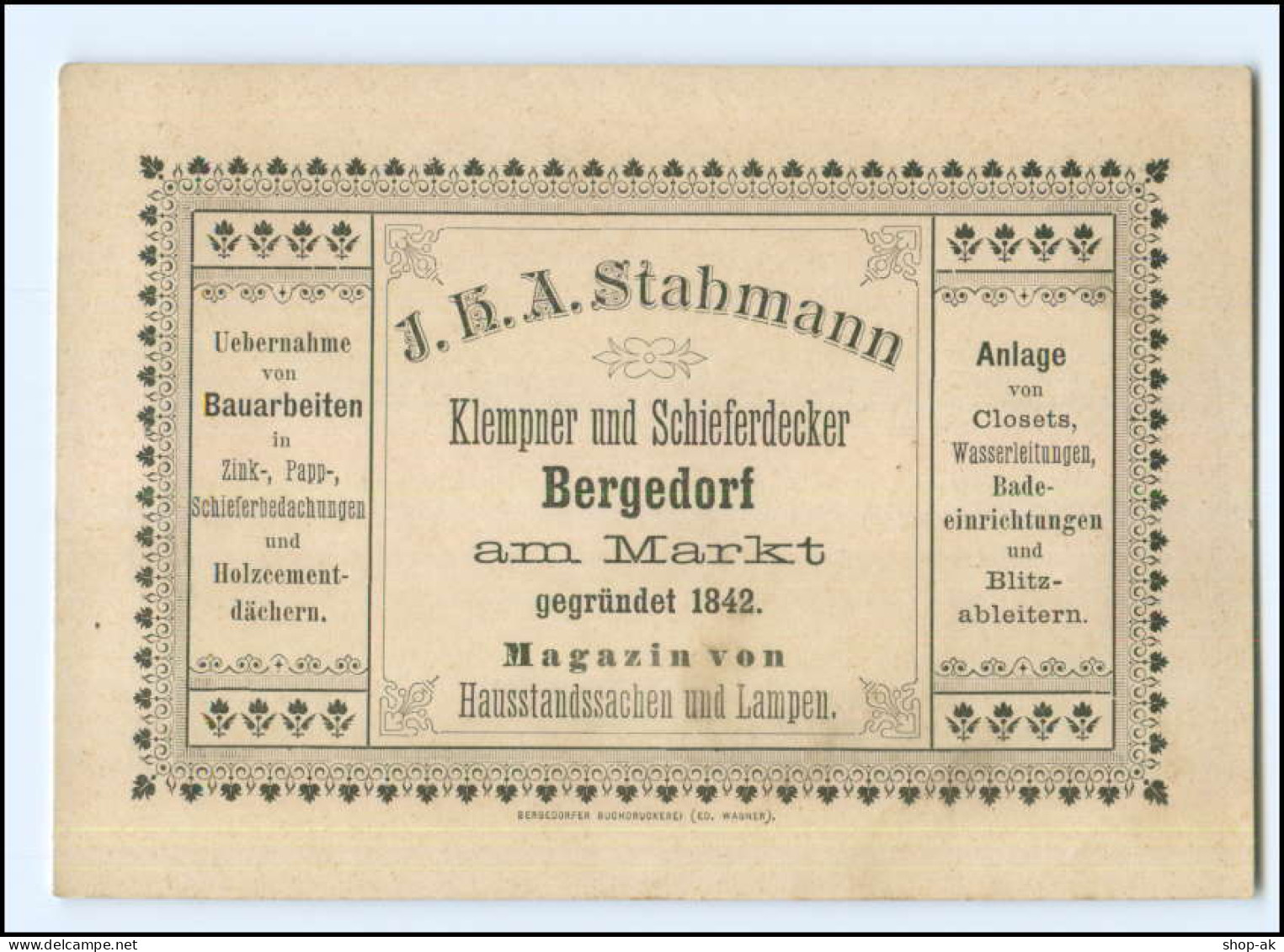 Y19160/ Hamburg Bergedorf Stahmann Klempner  Vertreterkarte Werbung Ca.1910 - Bergedorf