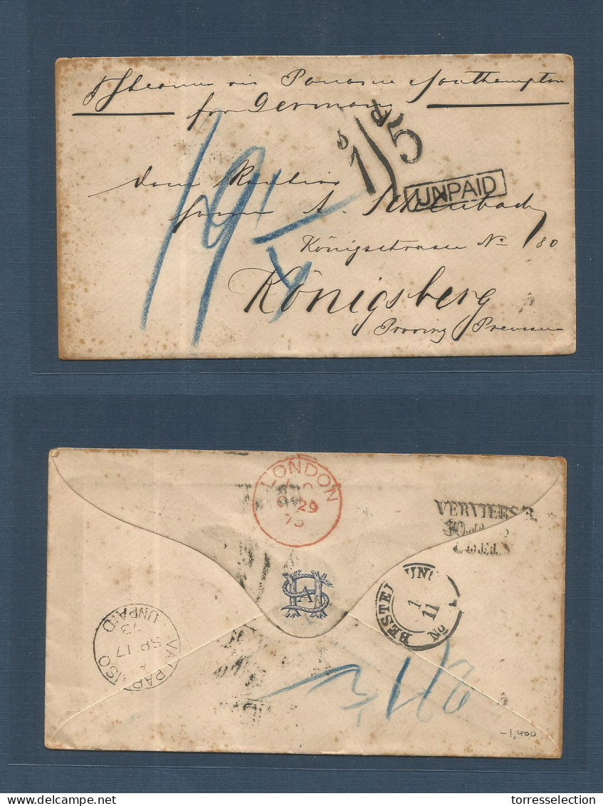 CHILE. 1873 (17 Sept) British PO Valparaiso - Prussia, Konigsberg (1 Nov) Via London (29 Oct) Unpaid Envelope Reverse "V - Chile