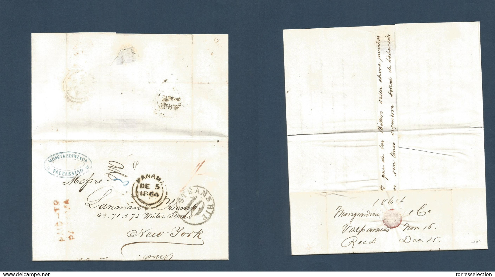 CHILE. 1864 (Nov 16) Valp - USA, NYC (Dec 15) EL Full Text Via BPO + Panama (Dec 5) On Front + Mns Charge British 1sh +  - Chile