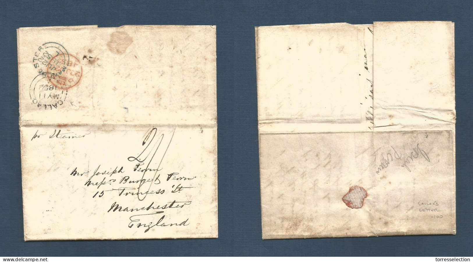 CHILE. 1852 (2 April) Valparaiso - UK, Manchester (22 June) EL Full Text Reverso Via British Post Office At CALLAO (Perú - Chile