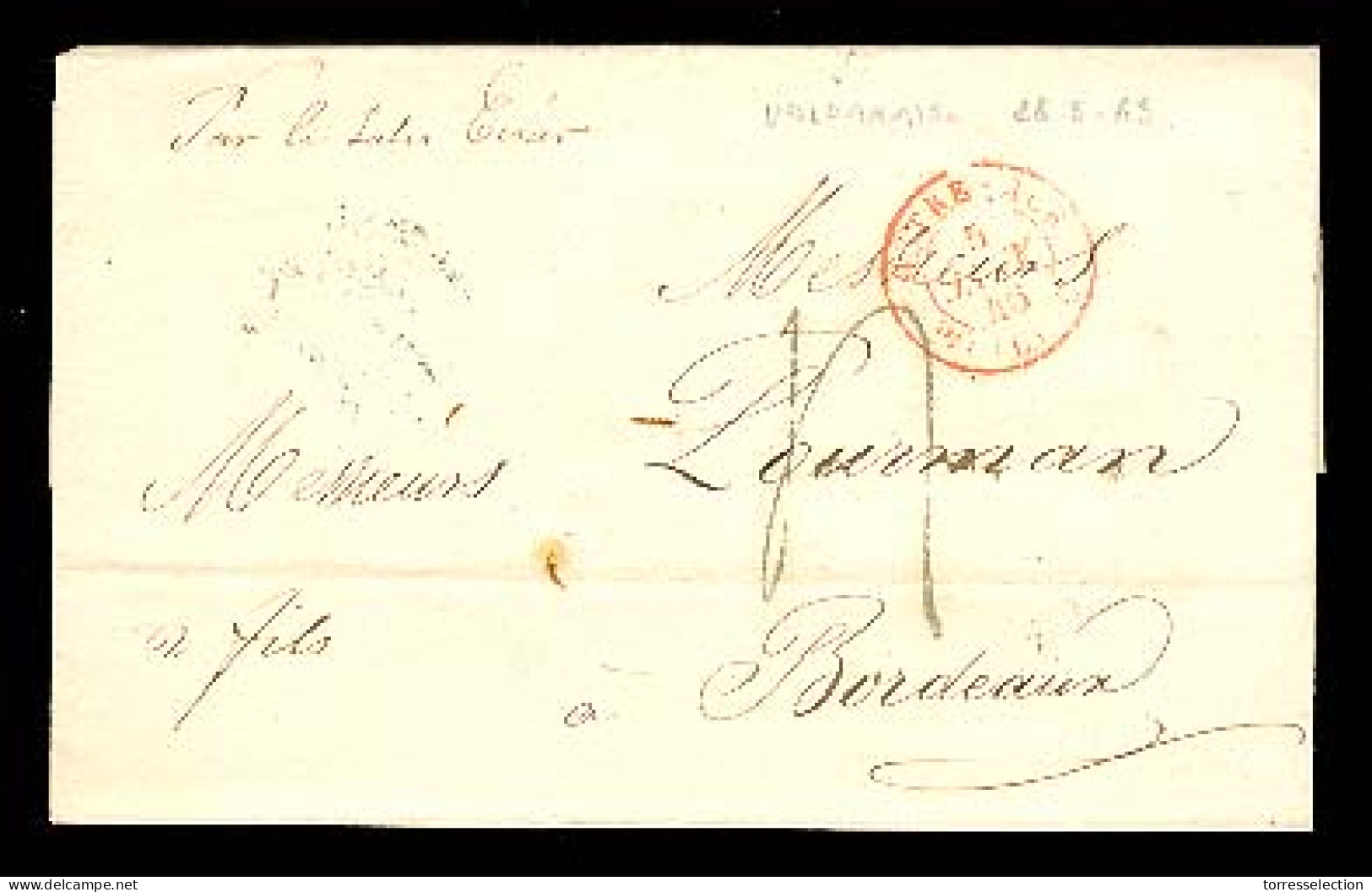 CHILE. CHILE-FRANCE. 1845 (28 May). Valparaiso To France (6 Jan 46) Stamples EL With Red Cds French Entry Mark "Outremer - Chile