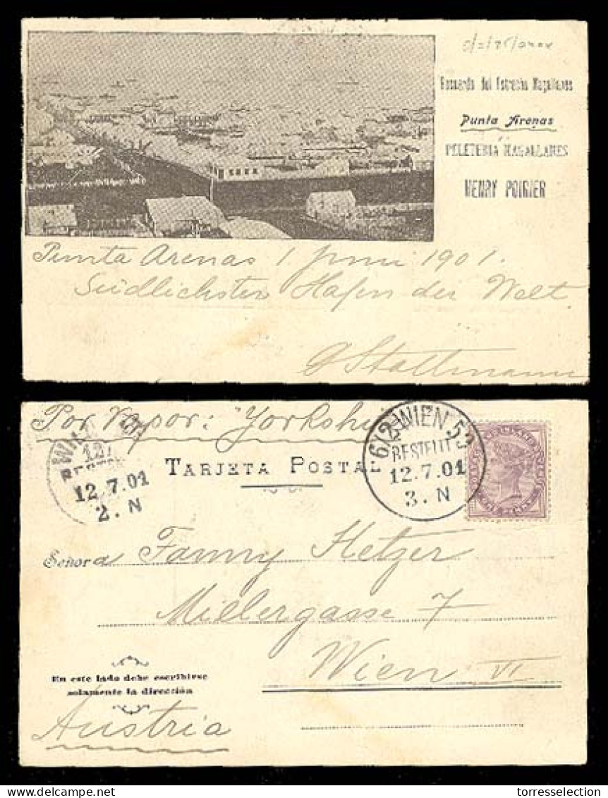 CHILE. 1901 (June 1st). Punta Arenas To Austria. Used PPC Franked GB 1d Lilac, Tied Arrival Wien Cancel (12 July). "Por  - Chile