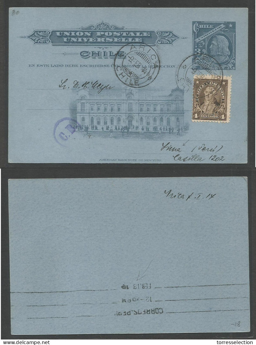 CHILE. 1914 (9 Feb) Arica - Peru, Lima (13 Feb) 3c Grey Bluish Stat Card + 4c Adtl. Scarce Destination At Transition + C - Chile