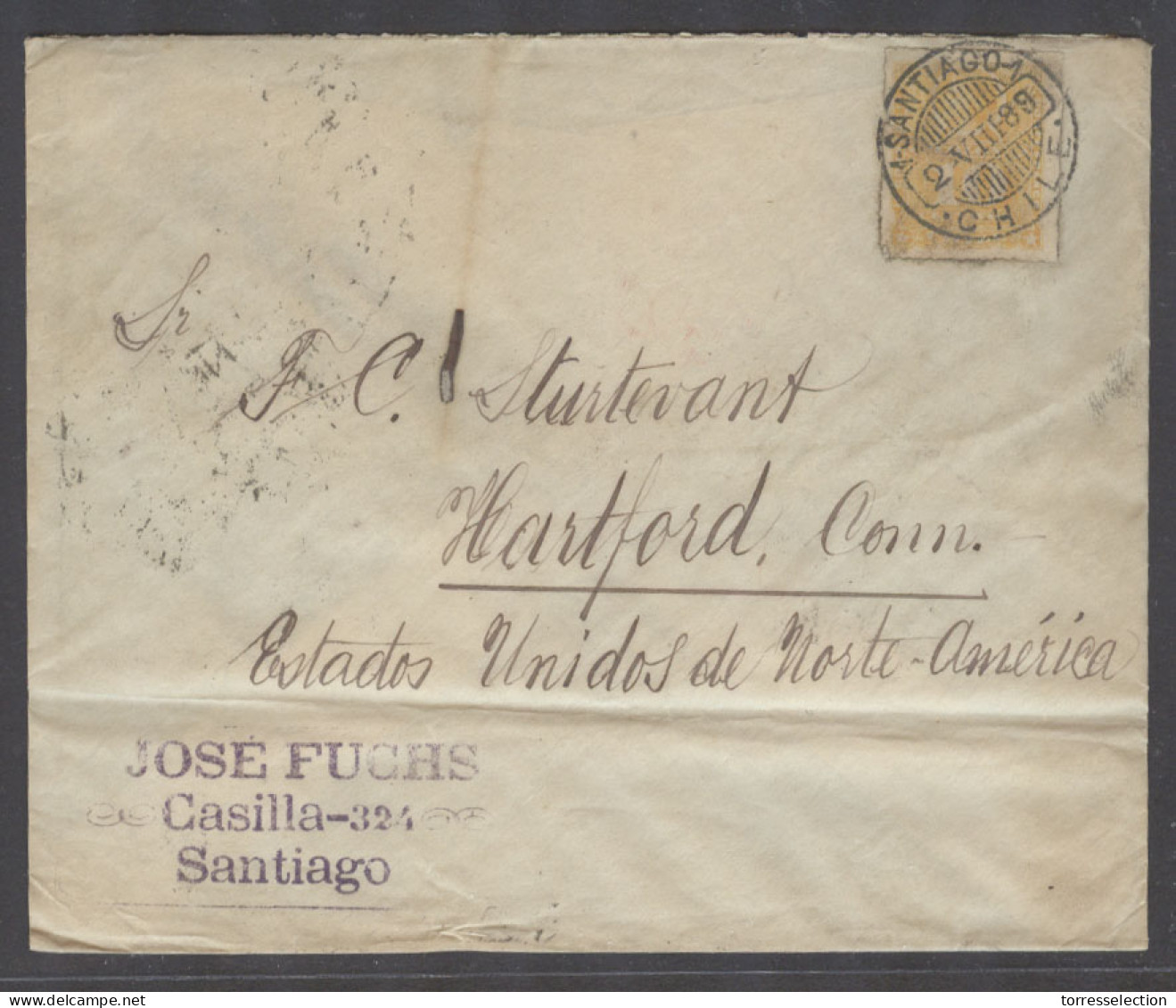 CHILE. 1889 (2 Aug). Santiago - USA (9 Sept). Fkd Env 10c Yellow Cds. Via Valp. - Cile