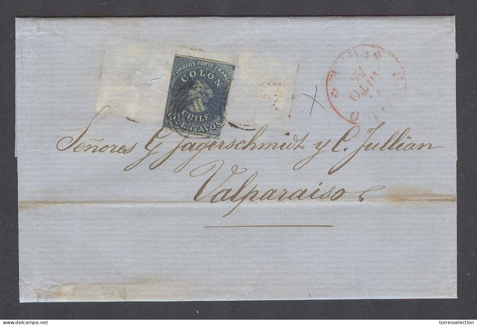 CHILE. 1856 (11 Ago). Santiago - Val- EL Fkd 10c Tragedy. Opportunity From The Jaggerschmidt Original Correspondence. - Chile