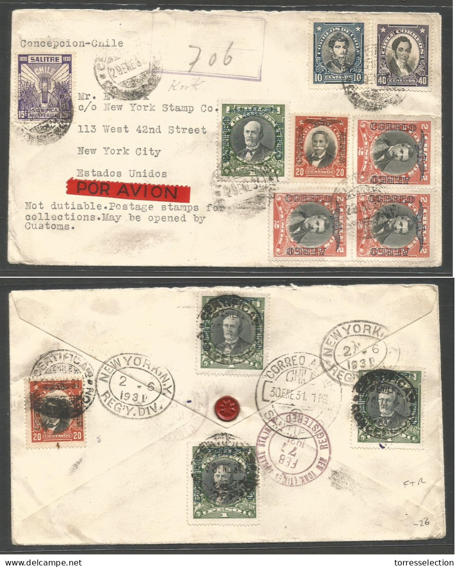 CHILE. 1931 (29 Ene) Concepcion - USA, NYC (17 Feb) Registered Air Multifkd Envelope. Front + Reverse. Fine. Including S - Chile