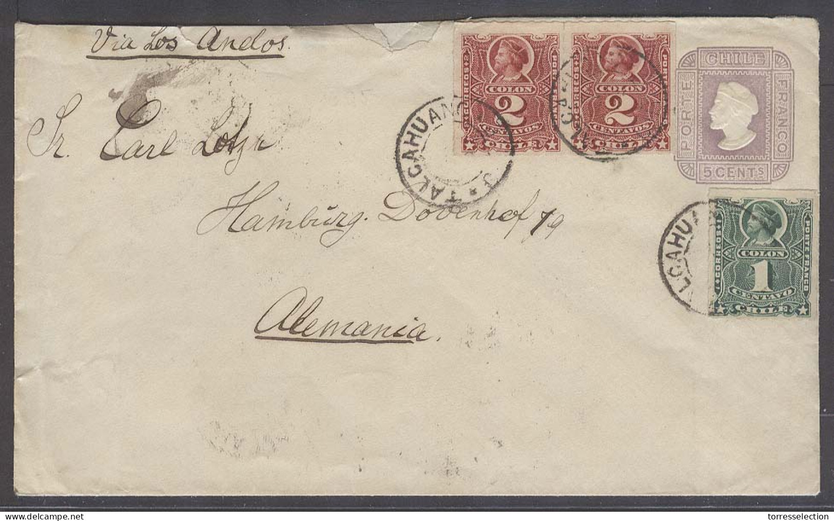 CHILE. 1895. Talcahuano - Germany (28 April). 5c Lilac Stat Env 3 Adtls 10c Rate. Via Andes. Via Bs As, Andes Arrival On - Chile