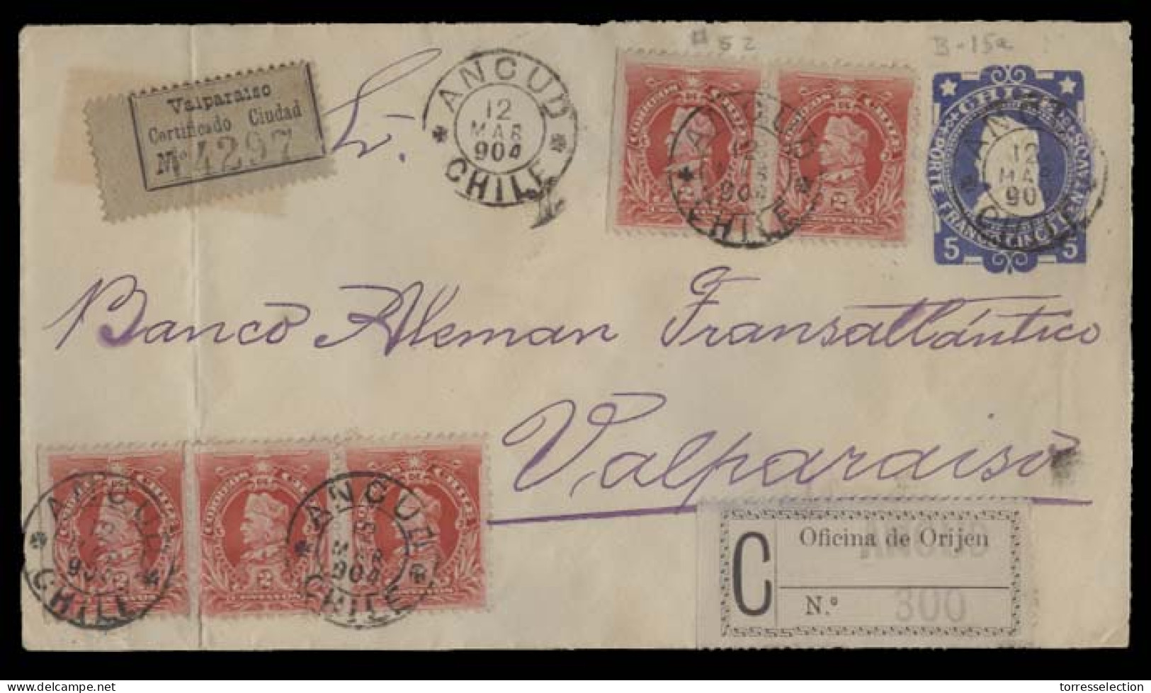 CHILE. 1904 (12 Amrch). Ancud - Valparaiso. Reg Doble Lables 5c Intense Blue Stat Env + 5 X2c Red Adtls. XF. - Cile