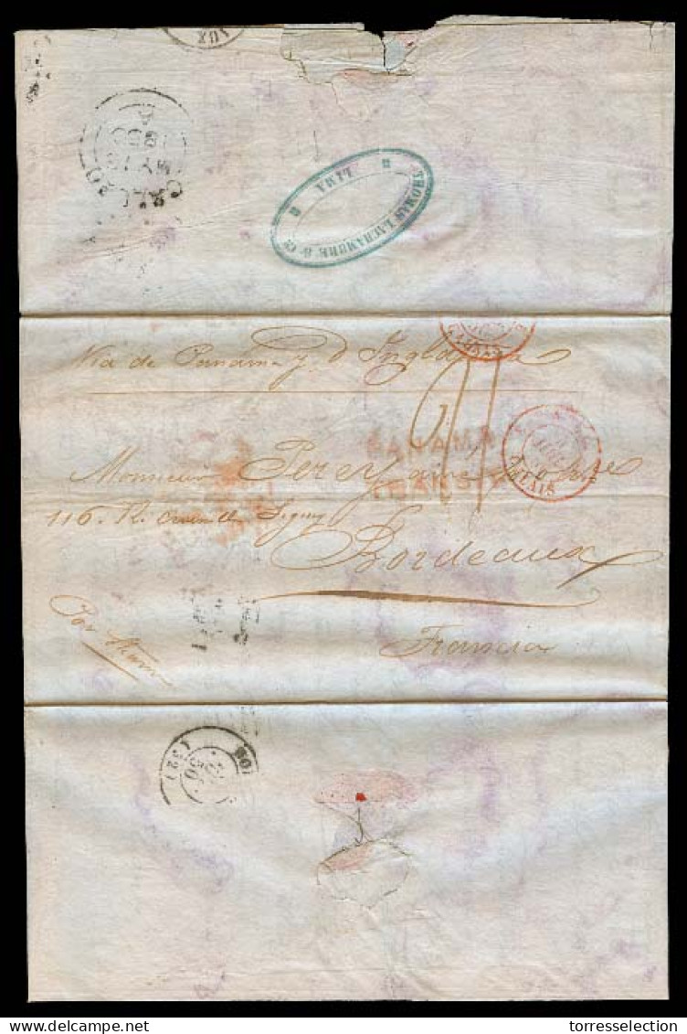 CHILE. 1850 (28 April). Santiago - Lima - Callao BPO - Panama - France. EL Full Contains Fwded To Lima By Thomas Lachamb - Chile