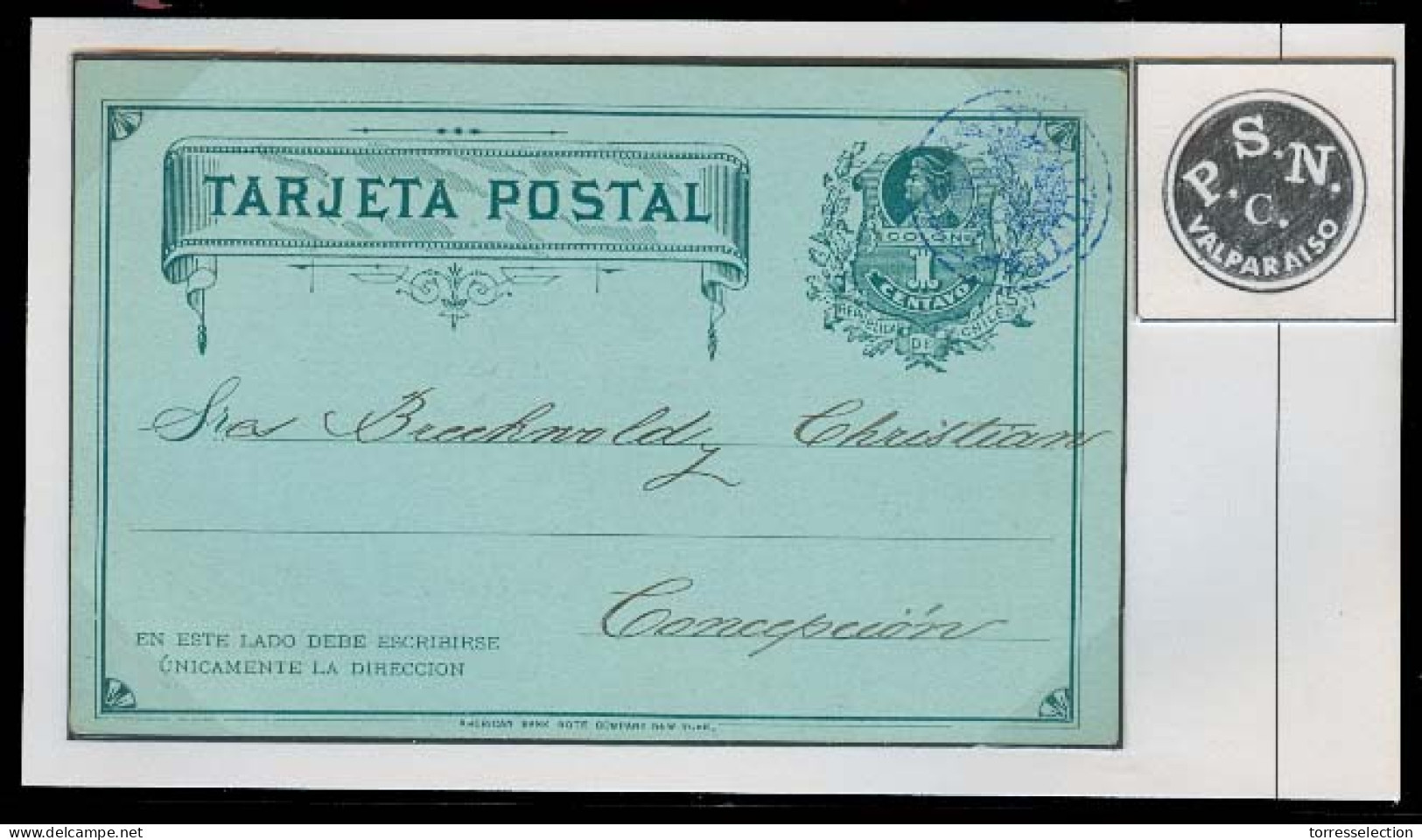 CHILE. 1898. Valp - Concepcion. 1c Stat Card Cancelled Intaglio Negative Seal "PSNC Valparaiso" In Black Violet. Outstan - Cile