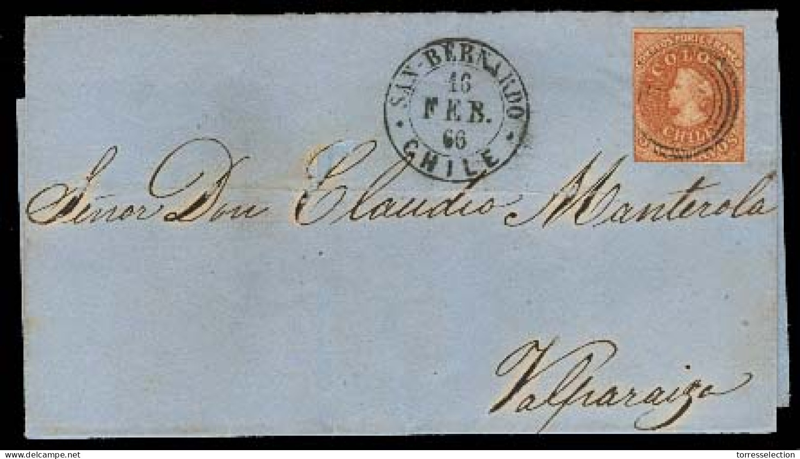 CHILE. 1866 (16 Feb). San Bernardo - Valp. E Fkd 5c Gillet + Cds Alongside. Fine + Scarce. - Chile
