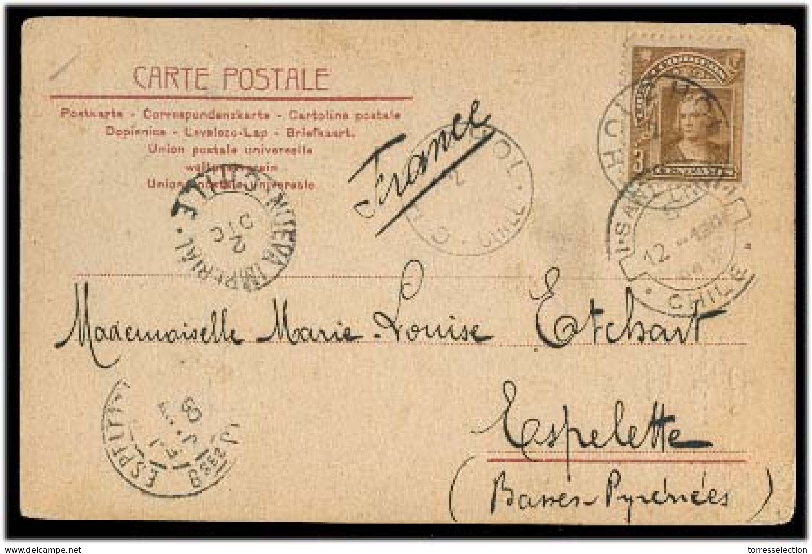 CHILE. 1906 (2 Dec). Cholchol - France. Fkd Card. Fine Cds. Via Nueva Imperial - Santiago (12 Dec). - Cile