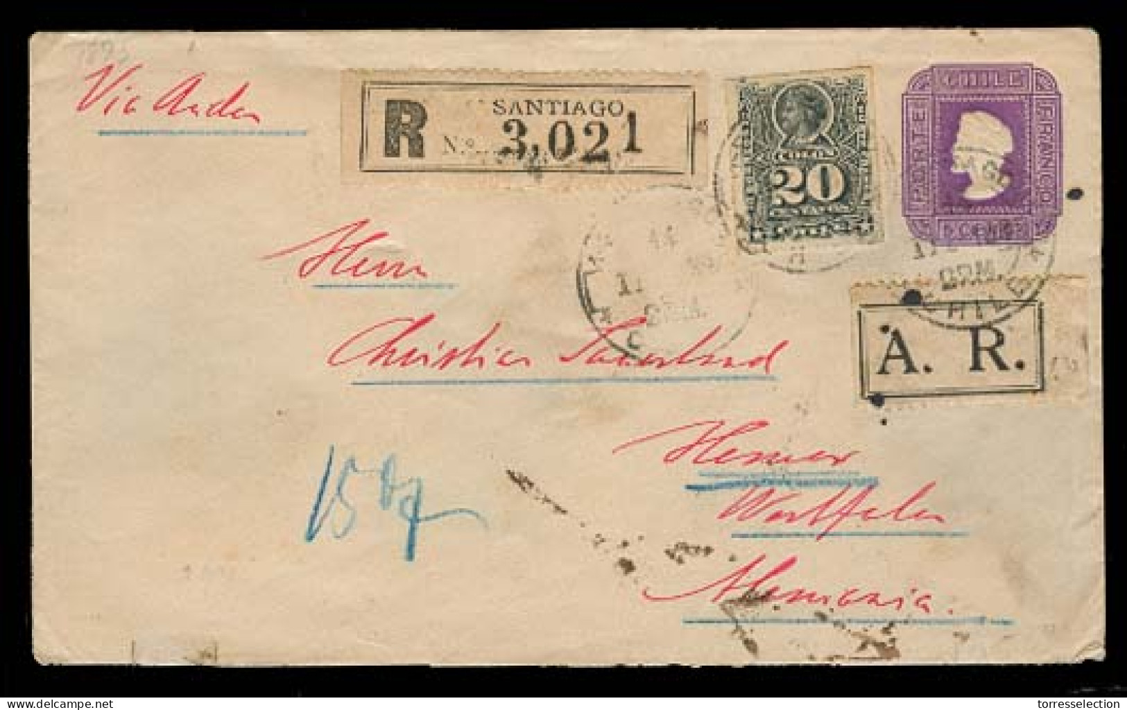 CHILE. 1899. Santiago - Germany. Reg AR. 5c Lilac Stat Env + Adtl 20c. VF. - Cile