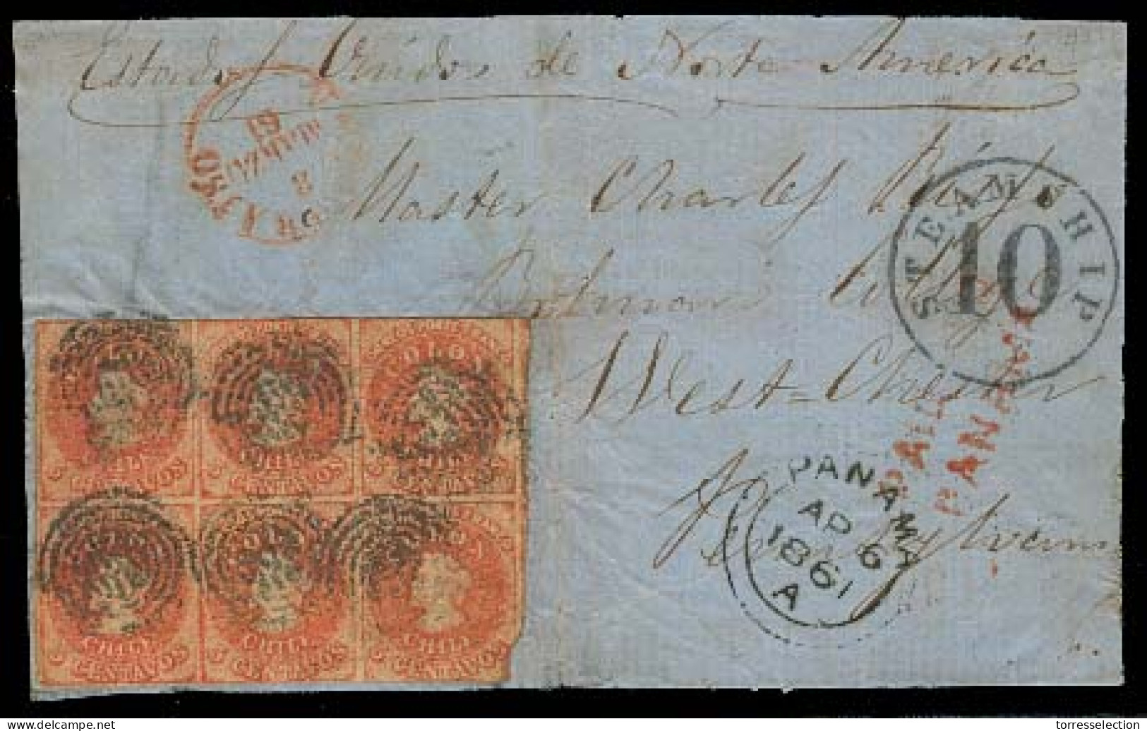 CHILE. 1861 (3 March). Valp - USA / Westchester / PA. Letter Front Fkd 5c Estancos Block Of Six, Irregular Margins, Tied - Chile