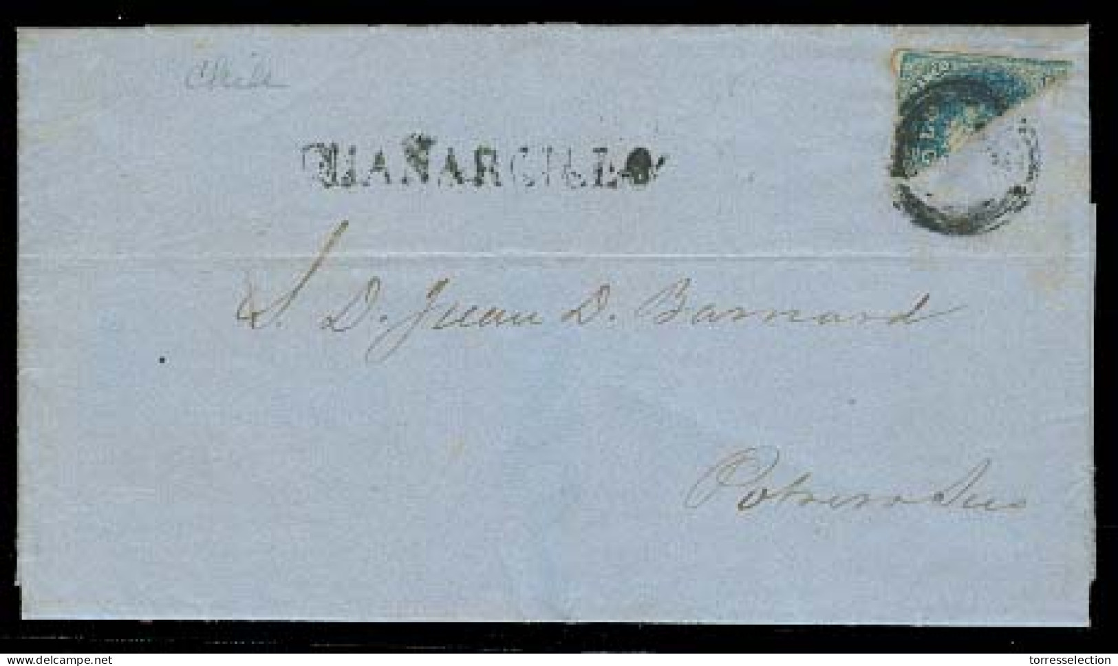CHILE. 1859 (1 July). Chañarcillo - Potrero Sur. EL Full Contains Fkd 10c Bisected, Tied Grill + Stline Guañarcillo (xxx - Chile