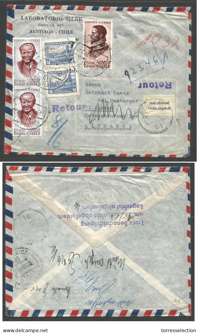 CHILE. 1954 (18 May) Santiago - Germany. Registered Air Multifkd Envelope + German P.O Label Retour, Tied Cds. - Chile