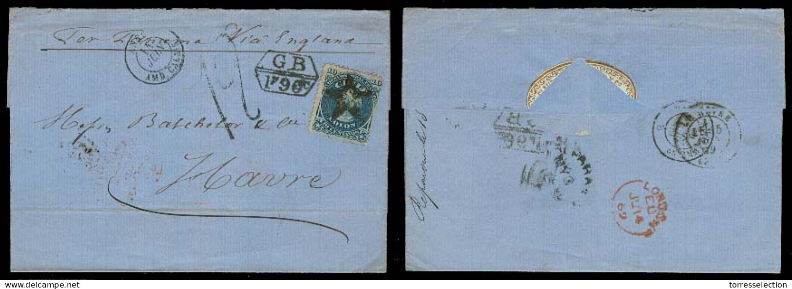 CHILE. 1869 (3 May). Valp - France. E Fkd 10c Blue Star Cork Cancel. GB / IF 90c + 19 Alongside. Via Valp BPO Reverse. V - Chile