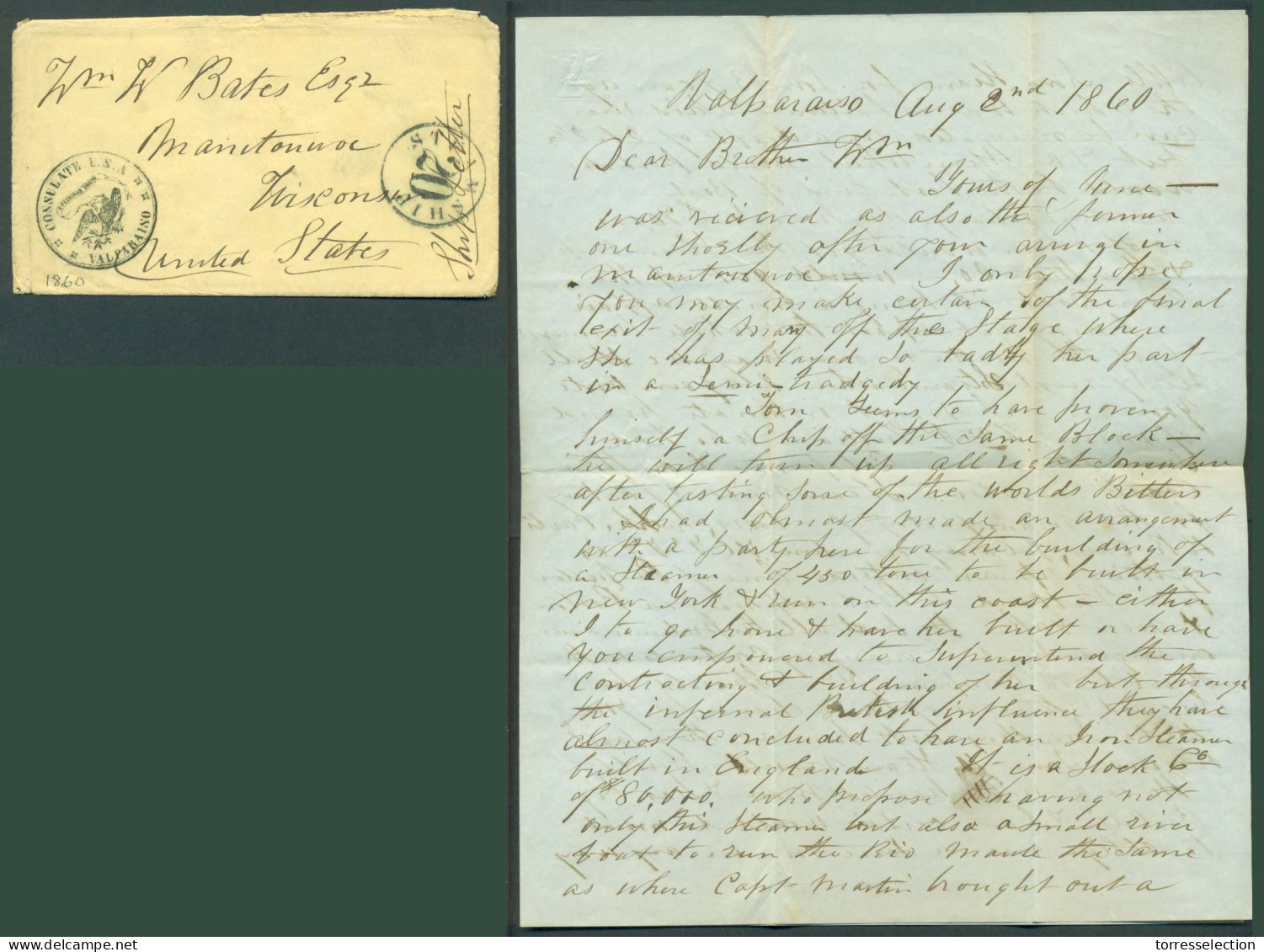 CHILE. 1860 (2 Aug). Valp - USA. US Consular Mail. Stampless Env With Full Dated Contains With Striking Mark Of Front Of - Cile