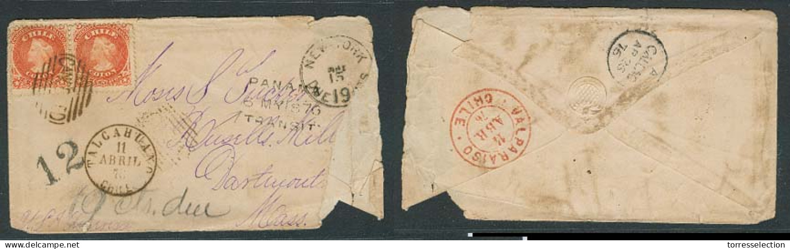 CHILE. 1876. Talcahuano - USA. Fkd Env. 5c Pair Tied, Via Panama, Callao BPO Valp + NY / 19c + 12c. Roughly Opened. Usef - Cile