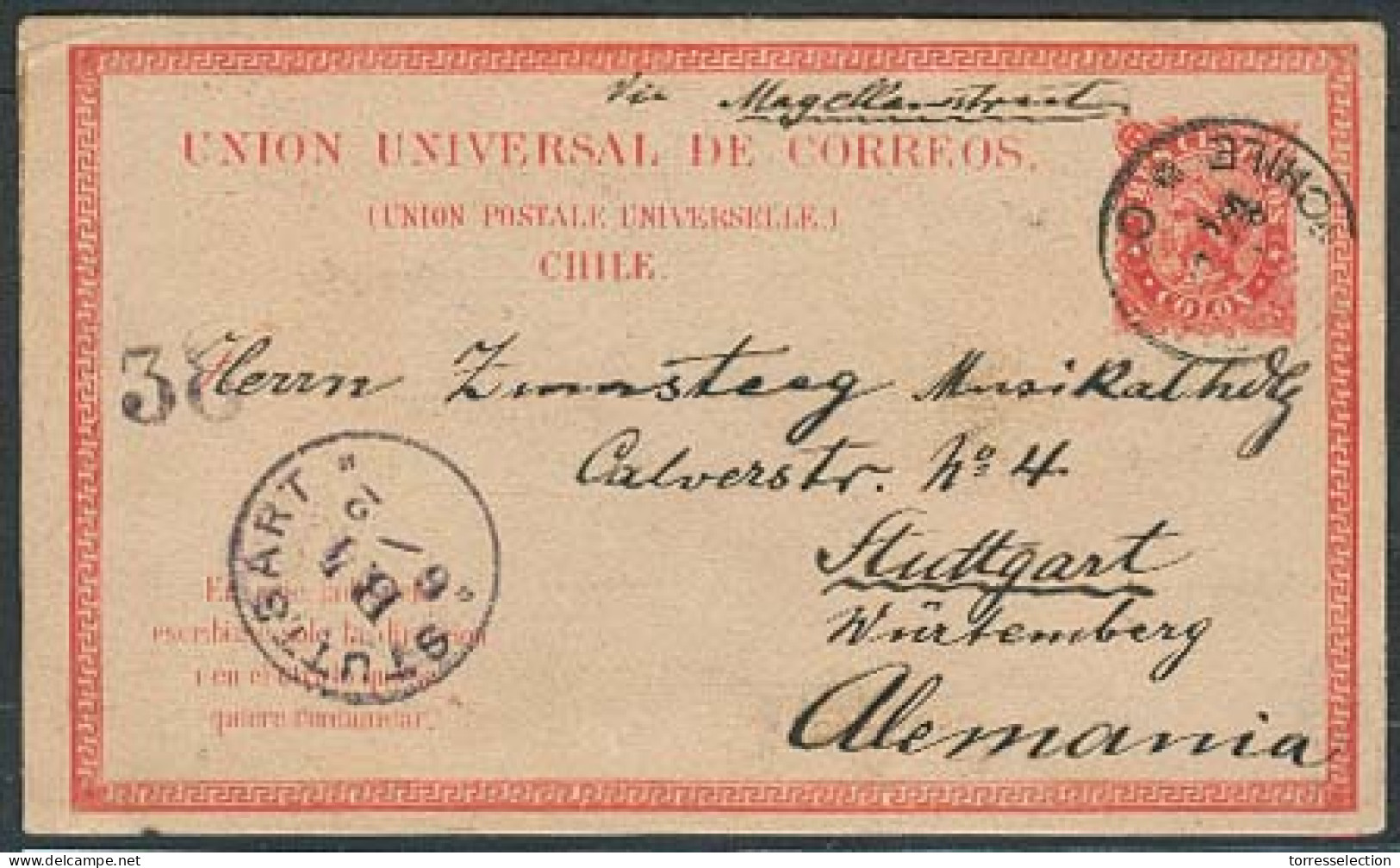 CHILE. 1883 (23 Dec). Valp - Germany (6 Feb). 5c Red Early Stat Card. Scarce Used In Time. Via Magallanes. - Chile