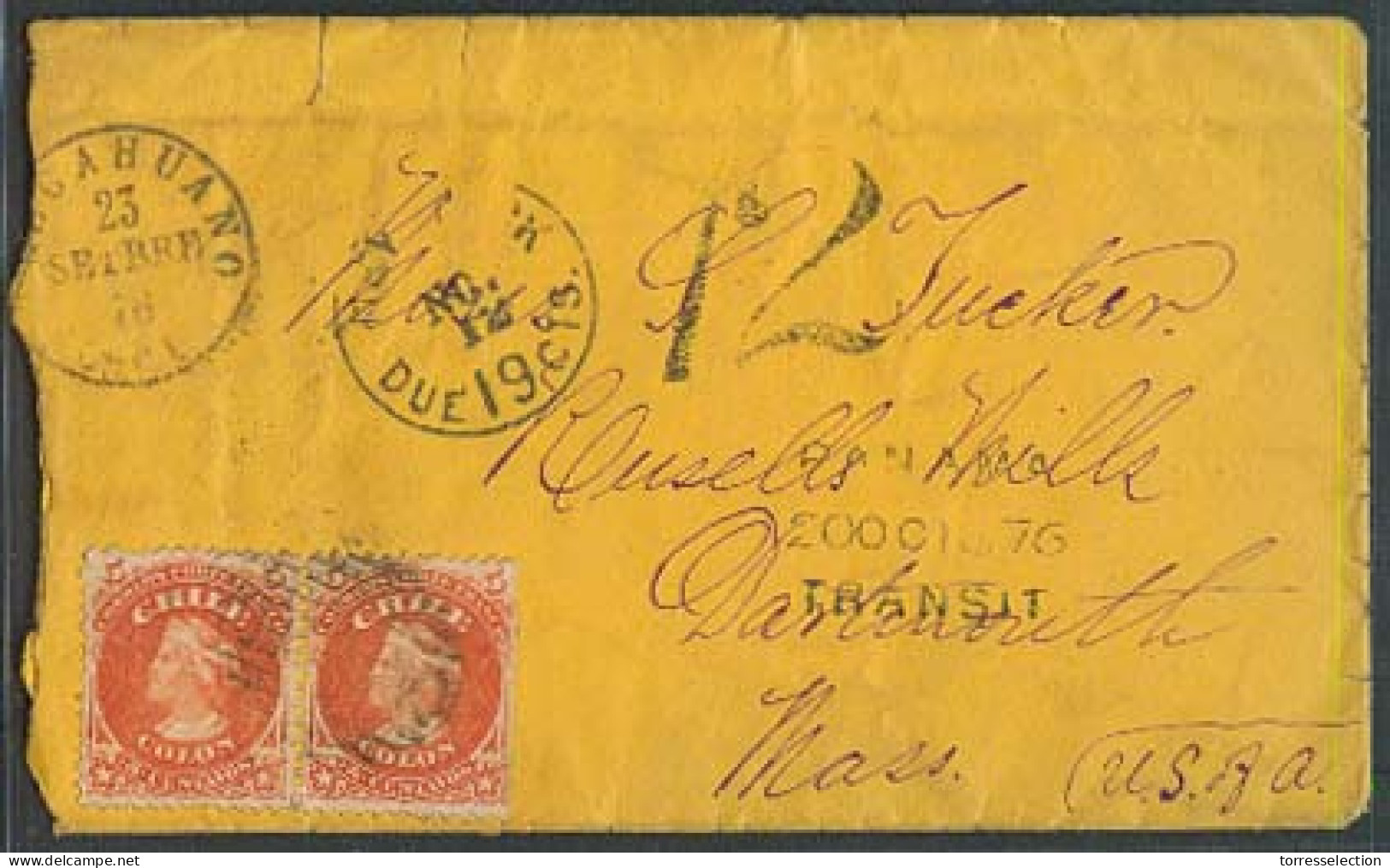 CHILE. 1876. Talcahuano - USA. Fkd Env 5c Tied Pair Via Panama BPO. NY / 19c + "12". Via Callao BPO + Valp. - Cile