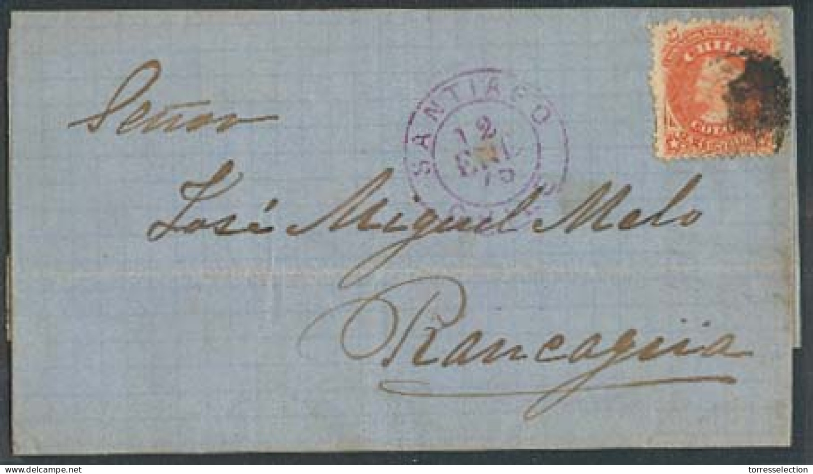 CHILE. 1875 (12 Jan). Santiago - Rancagua. E Fkd 5c Orange Tied Cork. Stamp Print Shows Clear Concentric Rings Round The - Chile