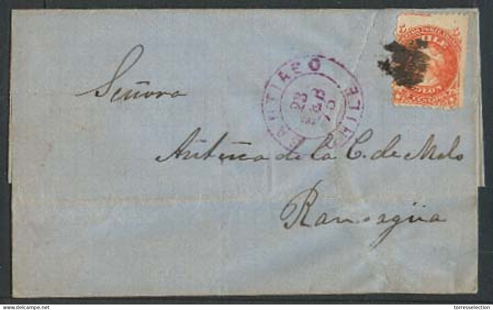 CHILE. 1875 (23 Feb). Santiago - Rancagua. E Fkd 5c Orange, Tied Cork Cancel Violet Cds. Fine. - Cile