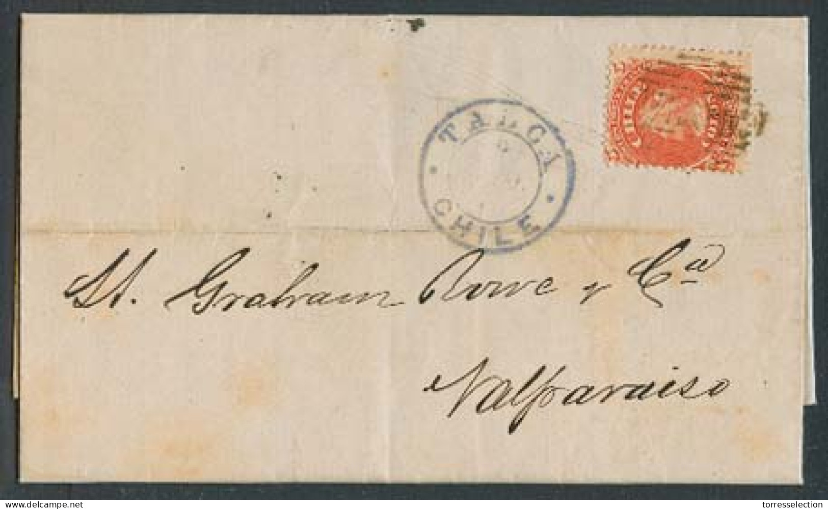 CHILE. 1877 (9 Enero). Talca - Valp. EL Full Text Fkd 5c Orange, Tied Cancelled Grill + Blue Lilac Cds + Arrival Cds (11 - Chile