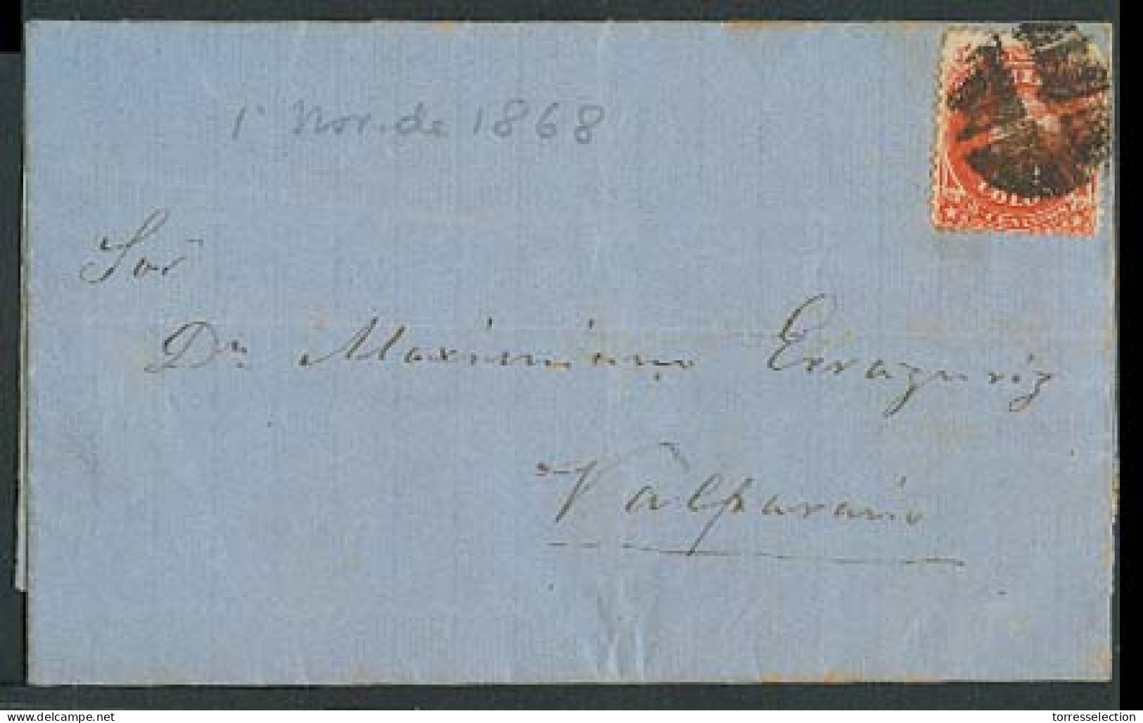 CHILE. C.1868 (1 Nov). E Fkd 5c Red Orange, Tied Cork, Addressed To Valp. Fine. - Cile