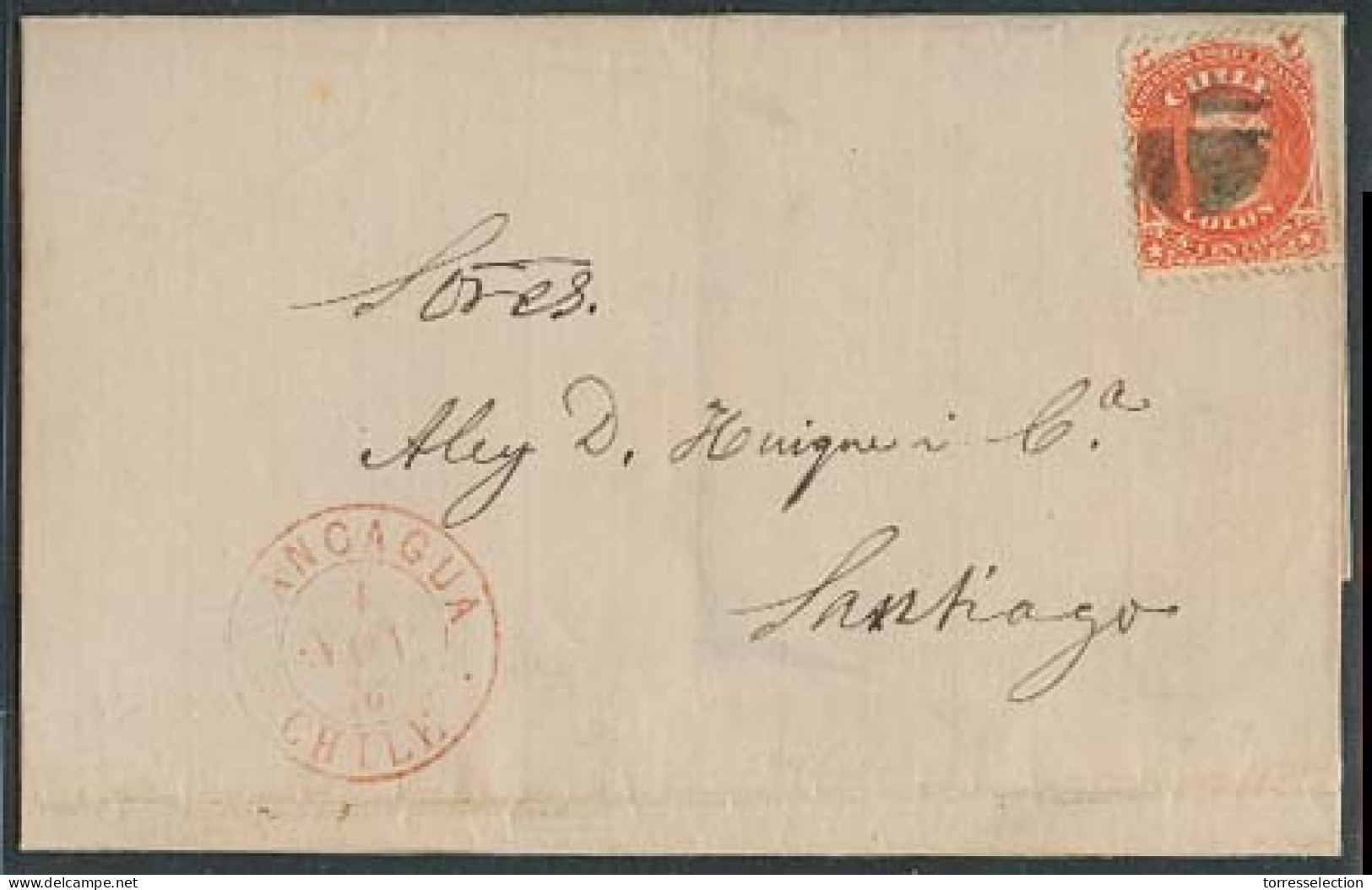 CHILE. 1876 (4 Nov). Rancogua - Santiago. E Fkd 5c Orange / Cork Cancel / Red Cds. Scarce Town Departing Date Stamp. Fin - Cile