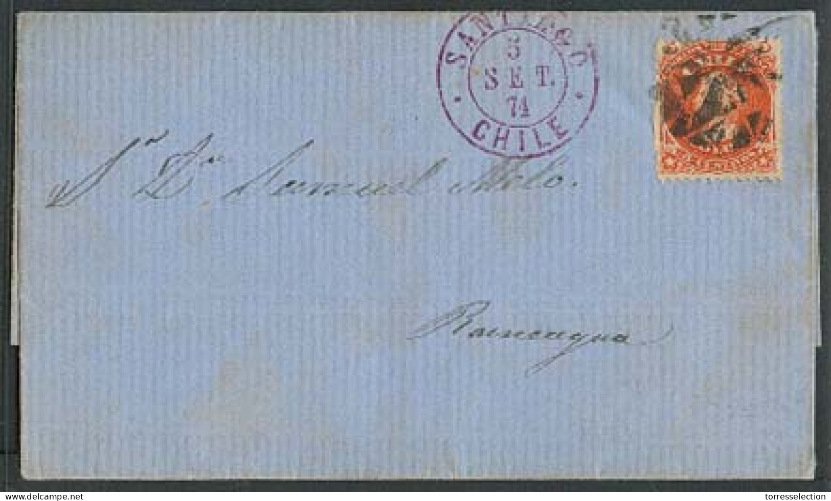 CHILE. 1871 (5 Sept). Santiago - Rancagua. E Fkd 5c Tied Multi Star Cork Cancel + Violet Cds. F-VF. - Chile