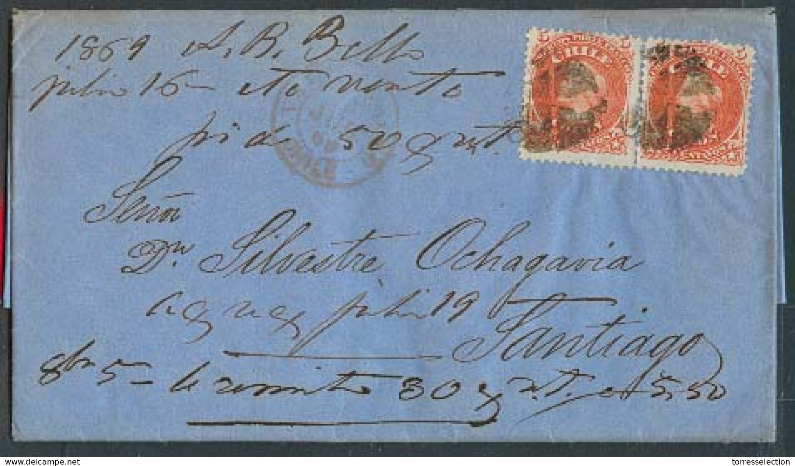 CHILE. 1869 (15 Julio). Valp - Santiago. EL Full Text Fkd 5c Orange Pair, Tied Cork + Red Cds Alongside. Fine. - Cile