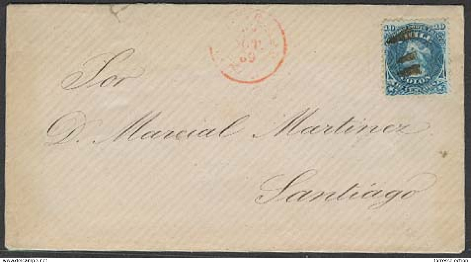 CHILE. 1869 (23 Oct). Valp - Santiago. Env Fkd 10c Blue / Cork / Red Cds. Env Wmk Wavy Line 30 Degrees Similar To 5c Lil - Cile