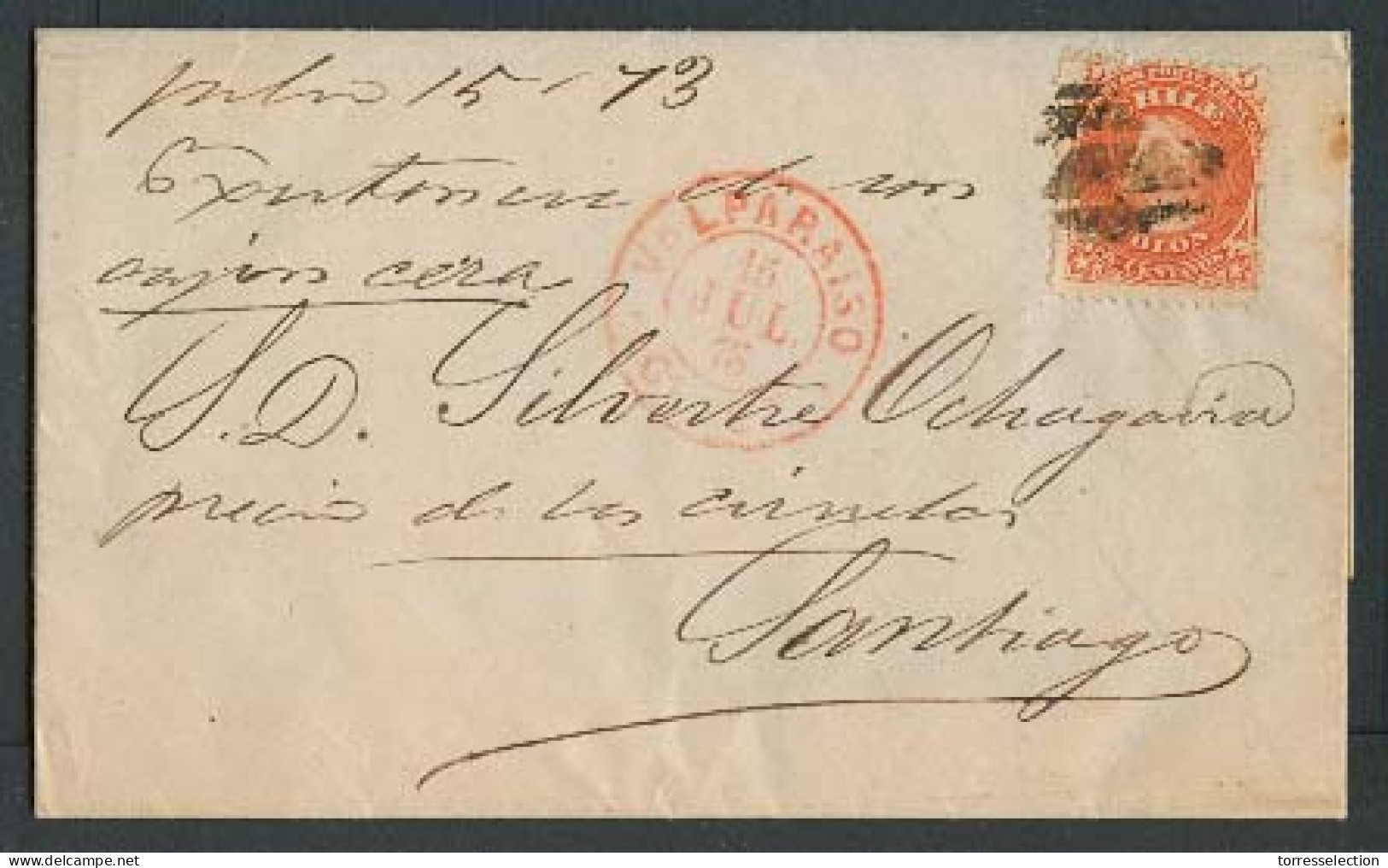 CHILE. 1875 (15 Julio). Valp - Santiago. EL Full Text Fkd 5c Orange Tied Cork Cancel. Fine. - Cile