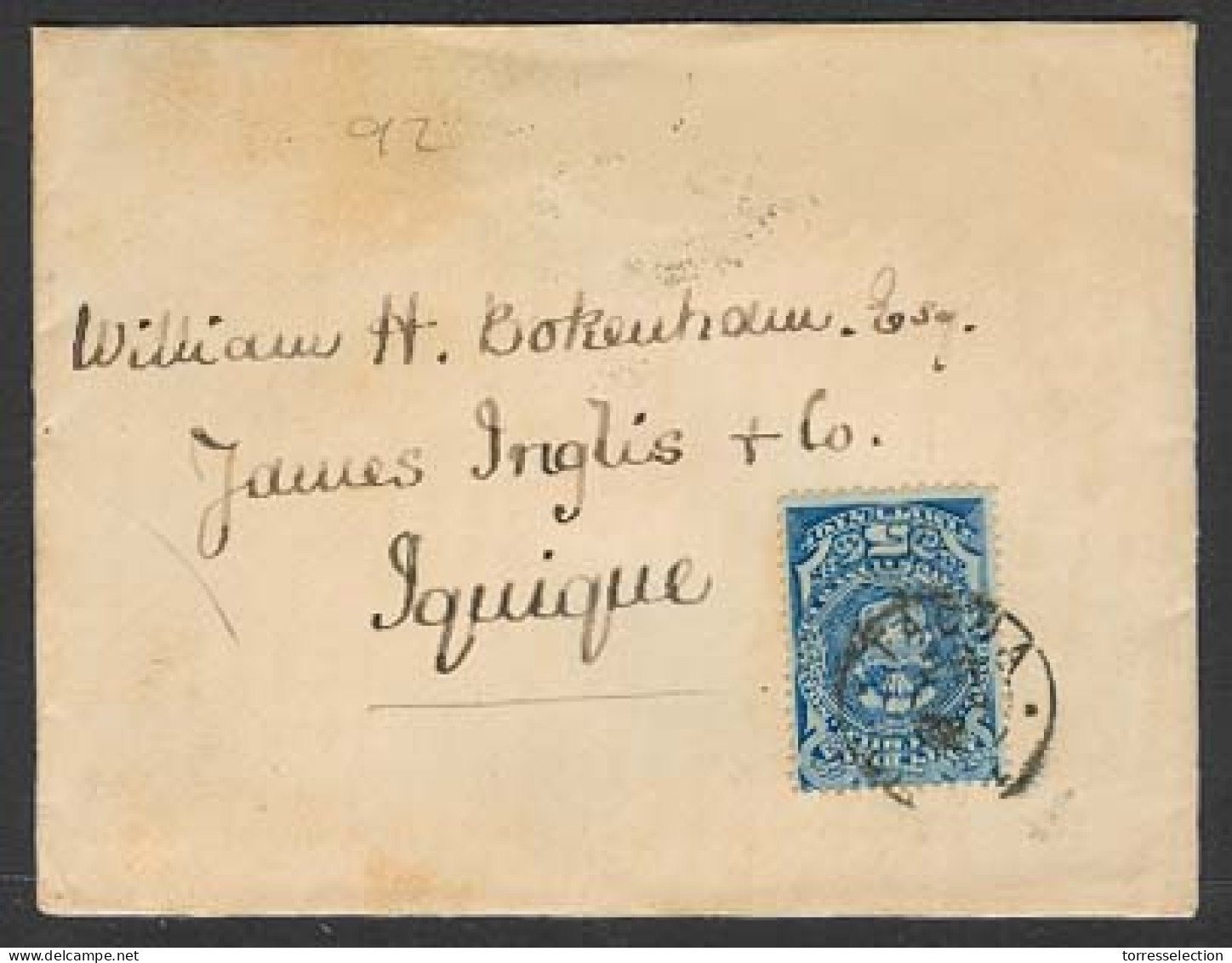 CHILE. 1892 (24 March). Pisagua - Iquique. Env Fkd 5c Blue Impuesto. Fine + Arrival Cds. - Cile