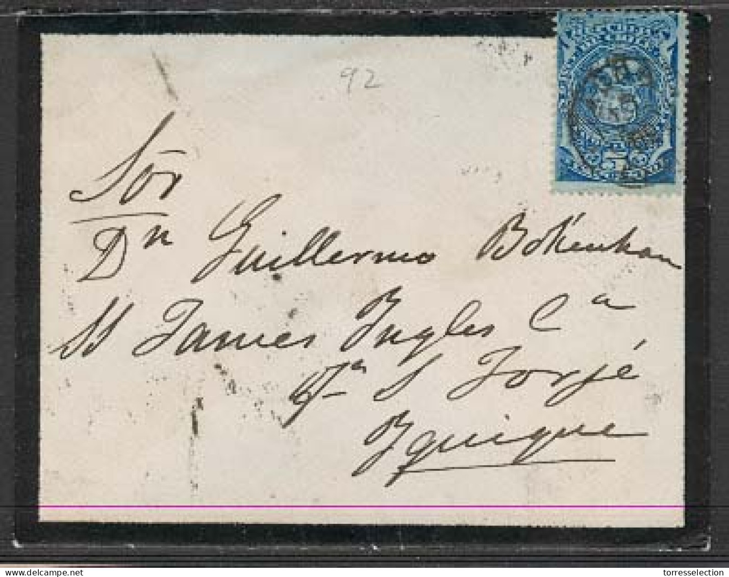 CHILE. 1892 (10 April). Tacna - Iquique. Provisional Period / No Postage Stamps Available / Env Fkd 5c Dark Blue Impuest - Cile