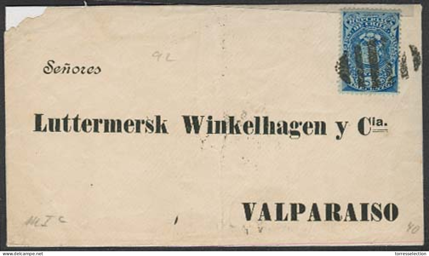 CHILE. 1892 (10 Feb). Local Env Fkd 5c Intense Blue Impuesto / Cork Grill. Arrival Cds To Valp. - Cile