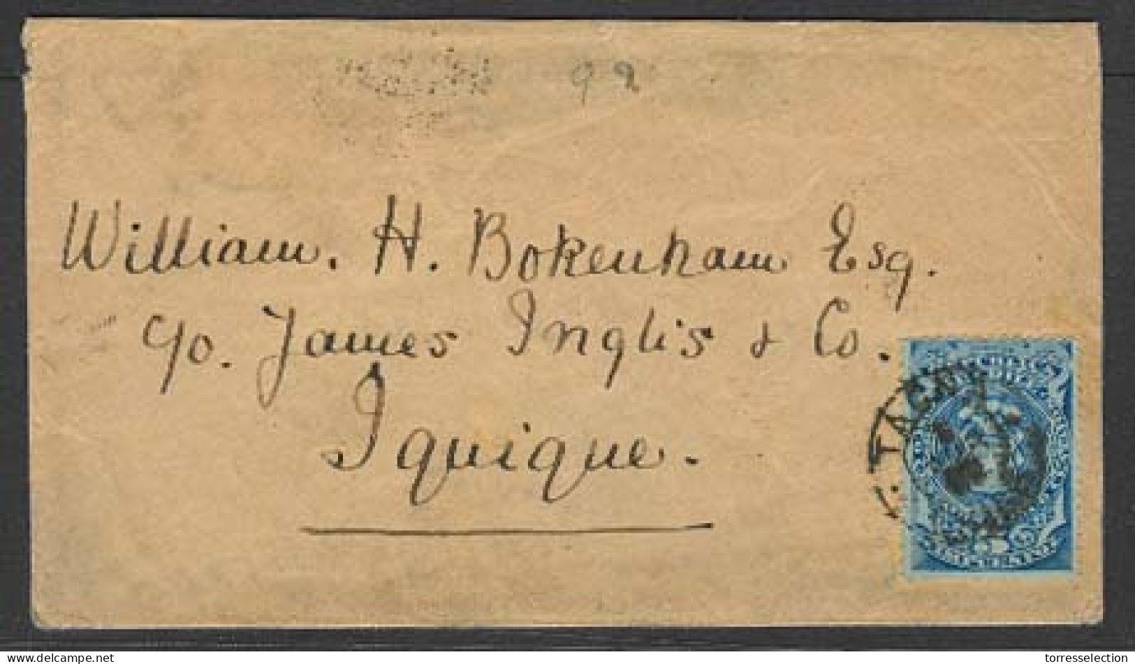 CHILE. 1892 (5 April). Tacna - Iquique. Env Fkd Impuesto. 5c Stamp / Provisional Period / Arrival Cds. Fine. - Cile