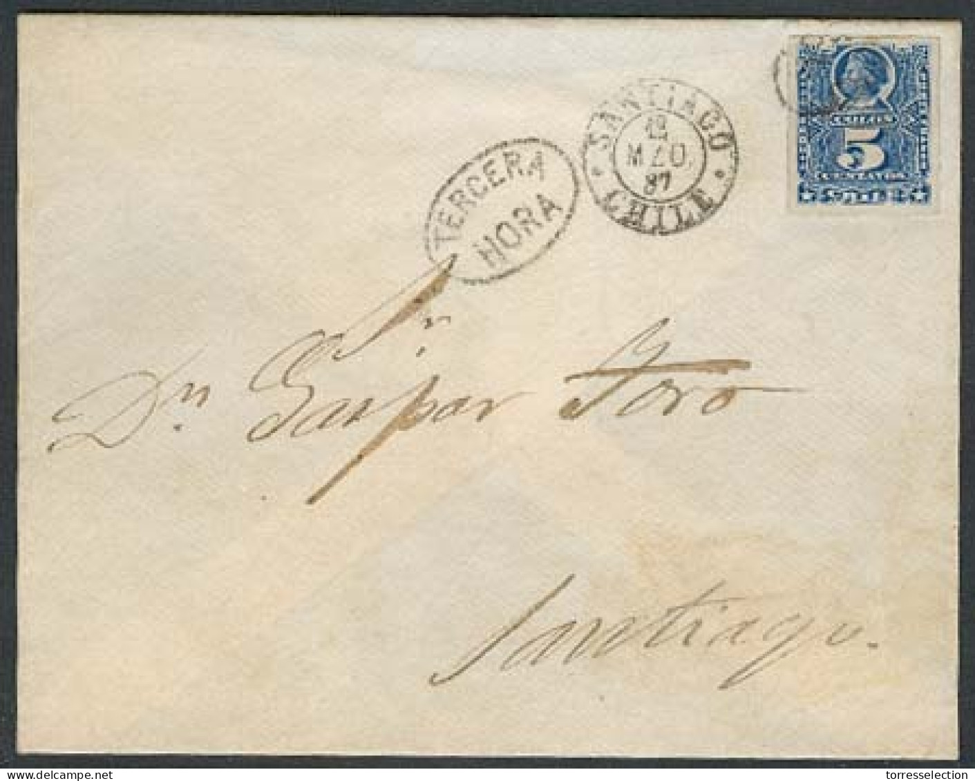 CHILE. 1887. Santigo Local Usage / 5c Blue ABN / Oval "Tercera Hora". VF. - Cile