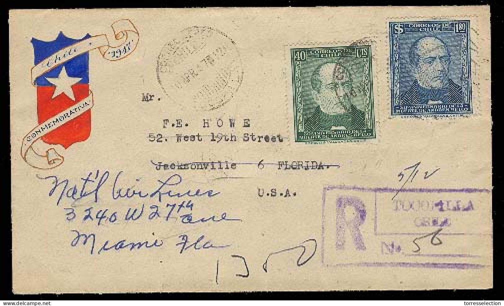 CHILE. 1947. Tocopilla - USA. Registr Mns Ilustr Fkd Env. - Cile