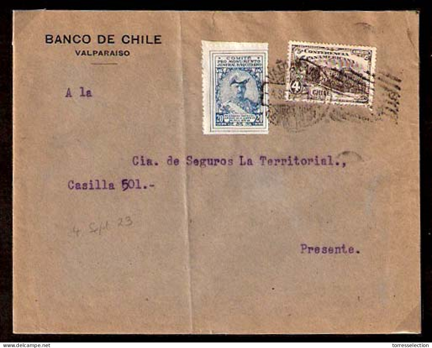 CHILE. 1923. Valp Local. Conmemorative 4c. 5º Confera. Panamericana + 20c Blue. Jeneral Baquedano Monument. Nice Env. - Cile